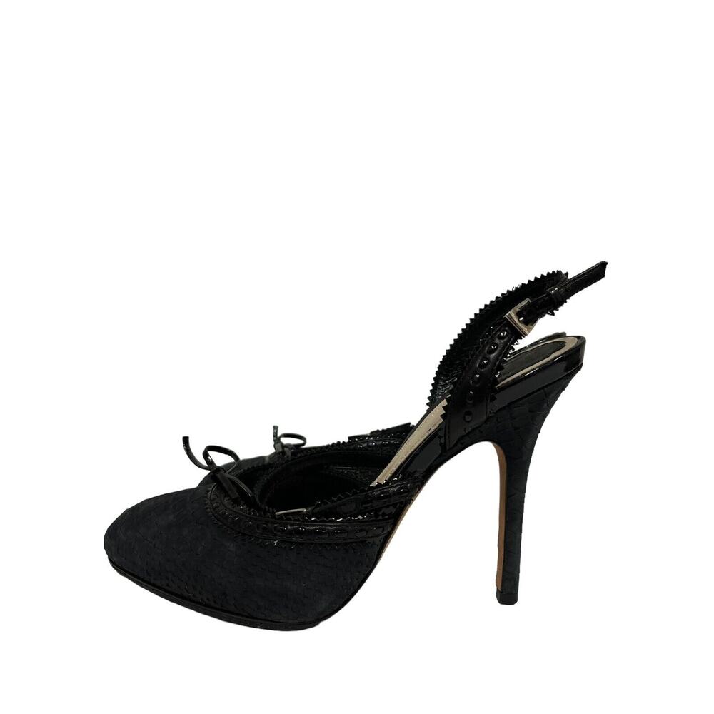 CHRISTIAN DIOR Black Suede Snakeskin Leather Trim Bow Slingback Heels Size 37.5 - Picture 7 of 9
